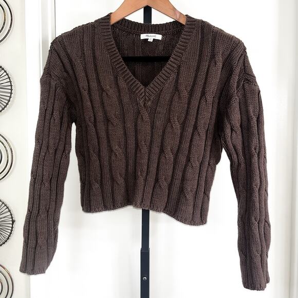 Madewell Womens Cable Knit Cropped VNeck Sweater - Brown, Size M - Picture 3 of 7